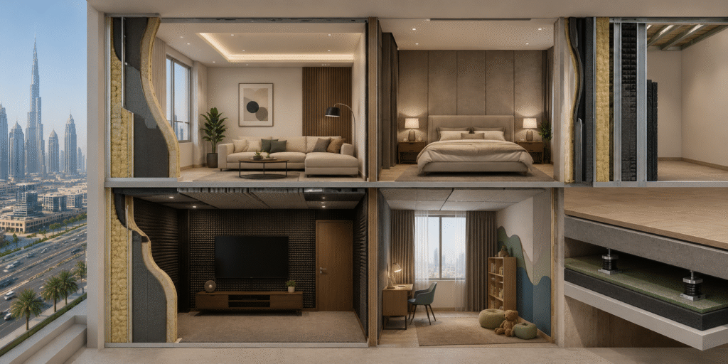 Modern apartment interior with Dubai skyline