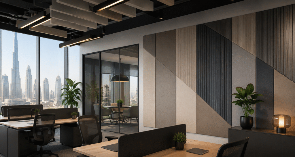 Modern office with city skyline view
