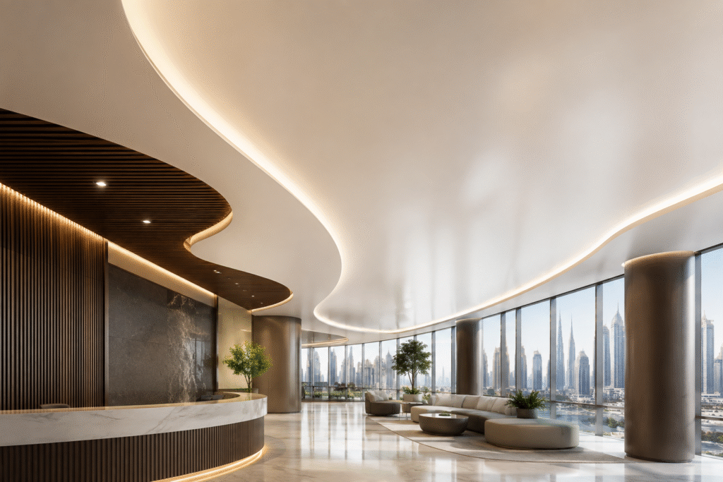 Futuristic Luxury Lobby with Dubai Skyline