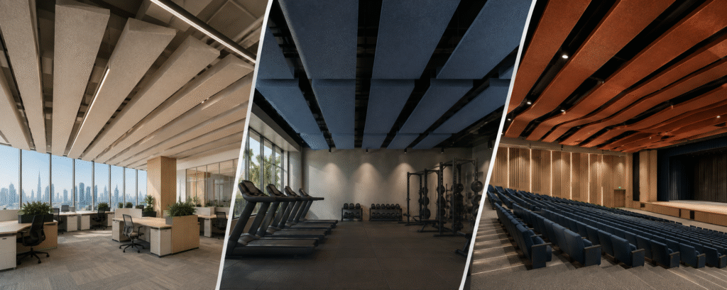 Acoustic ceiling baffles suspended from a ceiling in a Dubai office